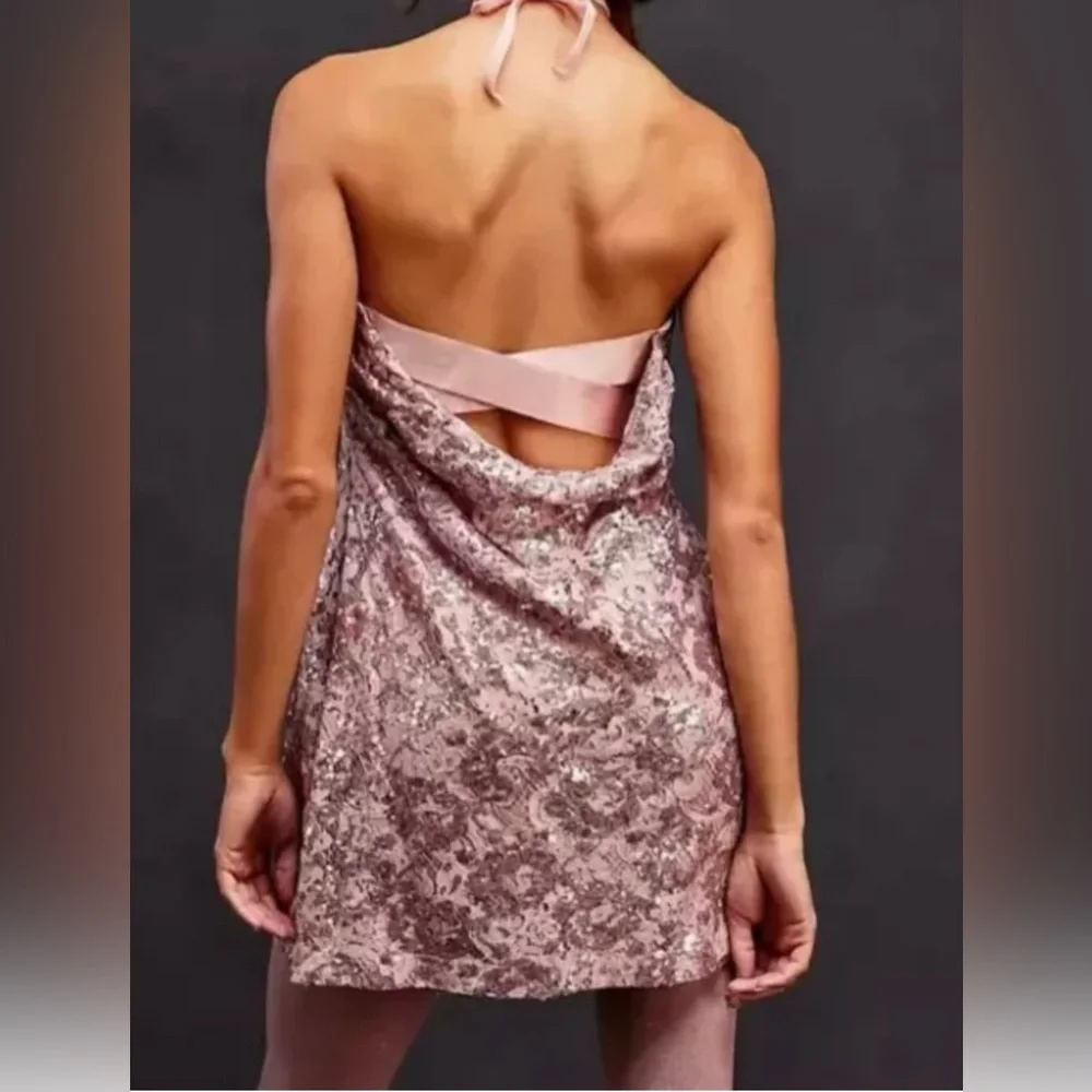 FREE PEOPLE Night Gaze Strapless Sequin Lace Mini Dress Blush Pink XL NWT